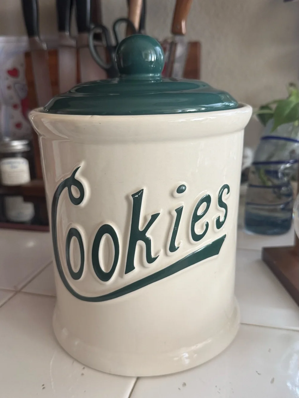 Cookies Ceramic Cookie Jar with Dark Green Lid - Classic Home Kitchen Canister